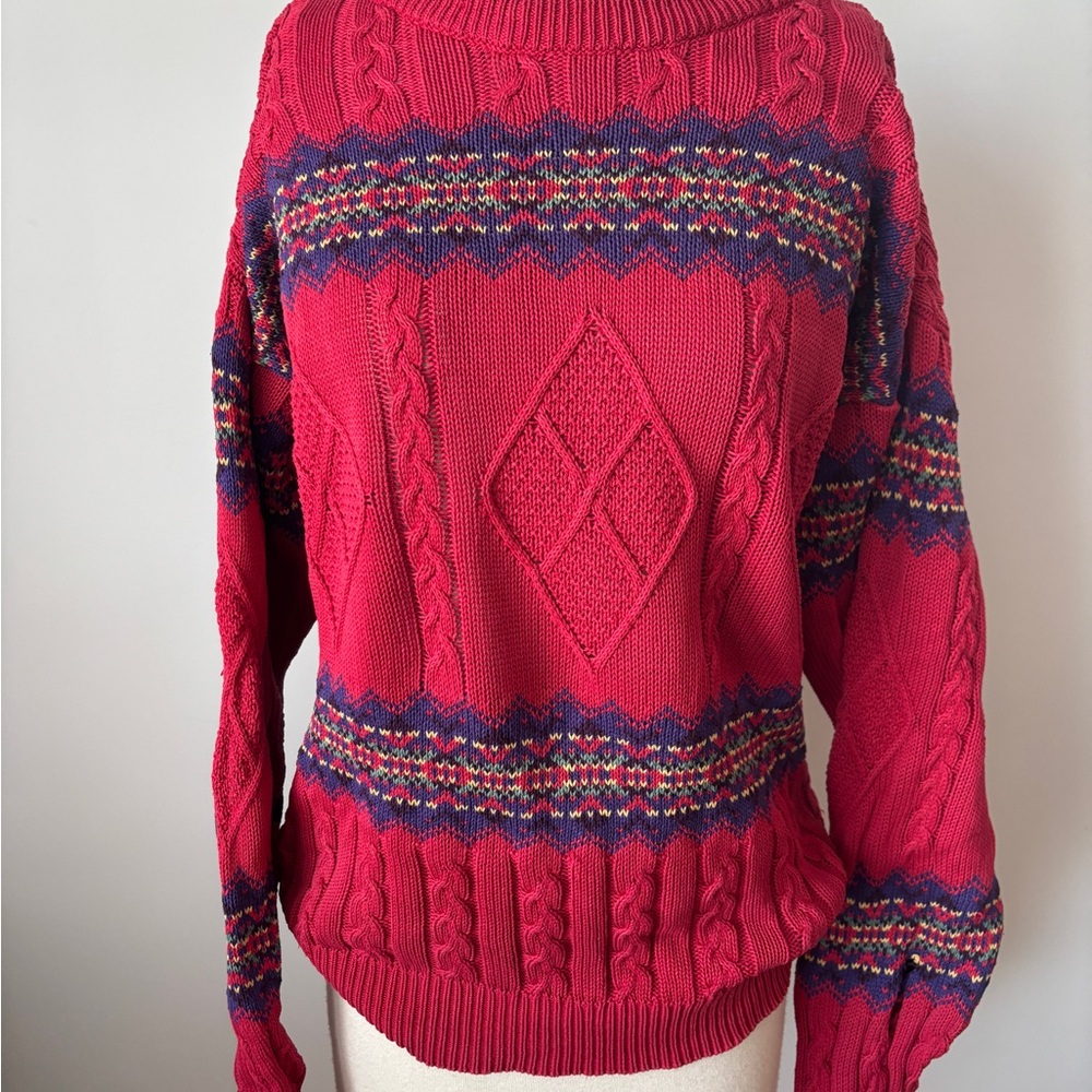 Elegant Red and Blue Patterned Turtleneck Sweater